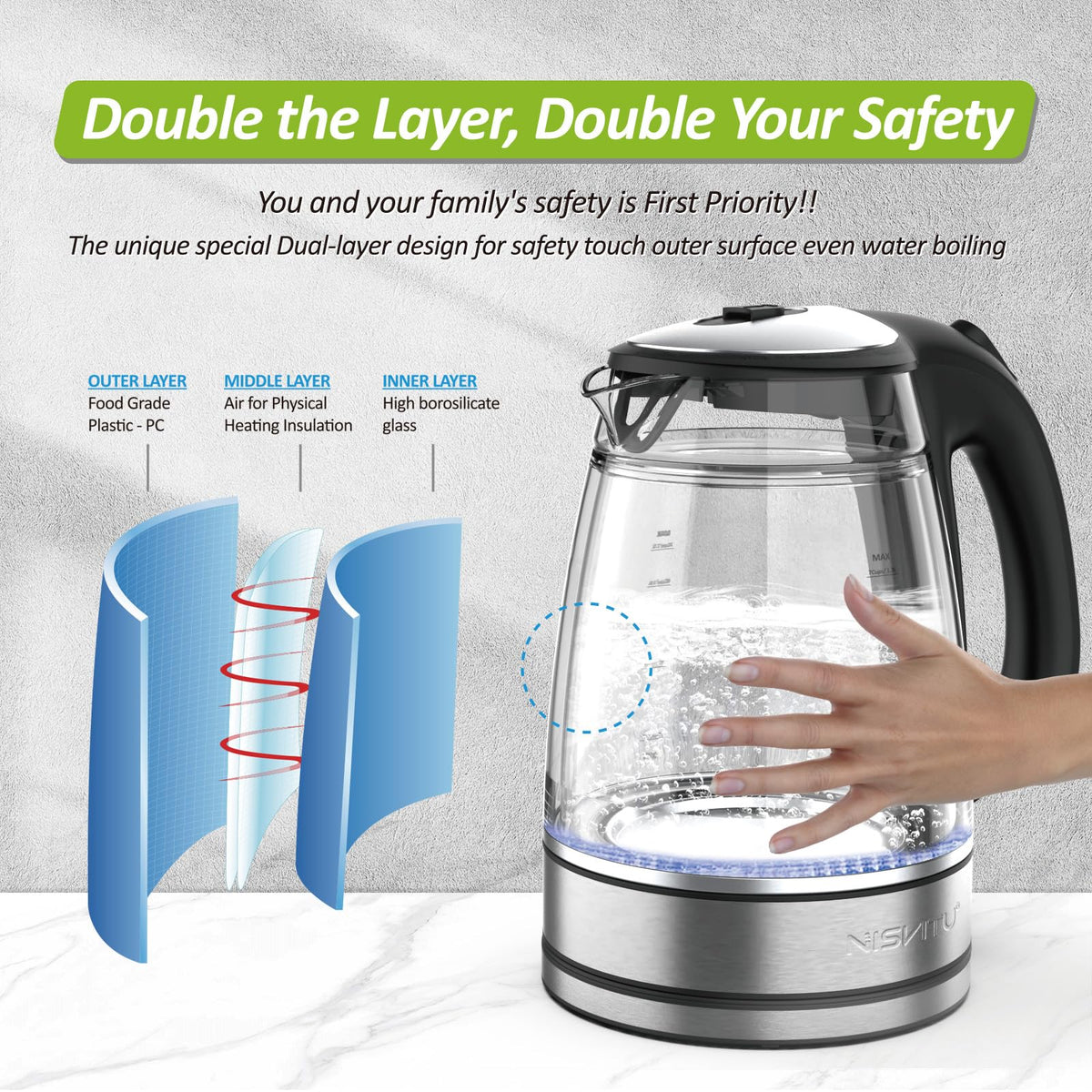 NISVITU 1500W fast boil powers up to 1.7L quickly.