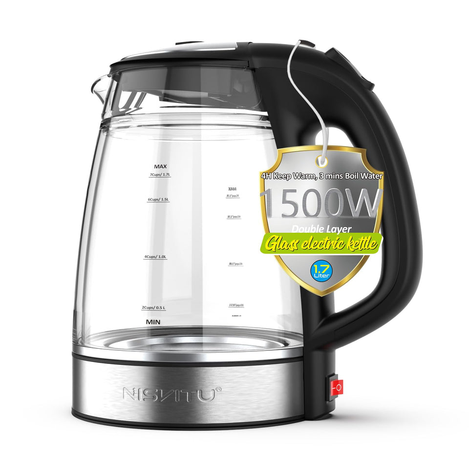 NISVITU dual-wall kettle with glass inner keeps exterior cool and water clean-tasting.