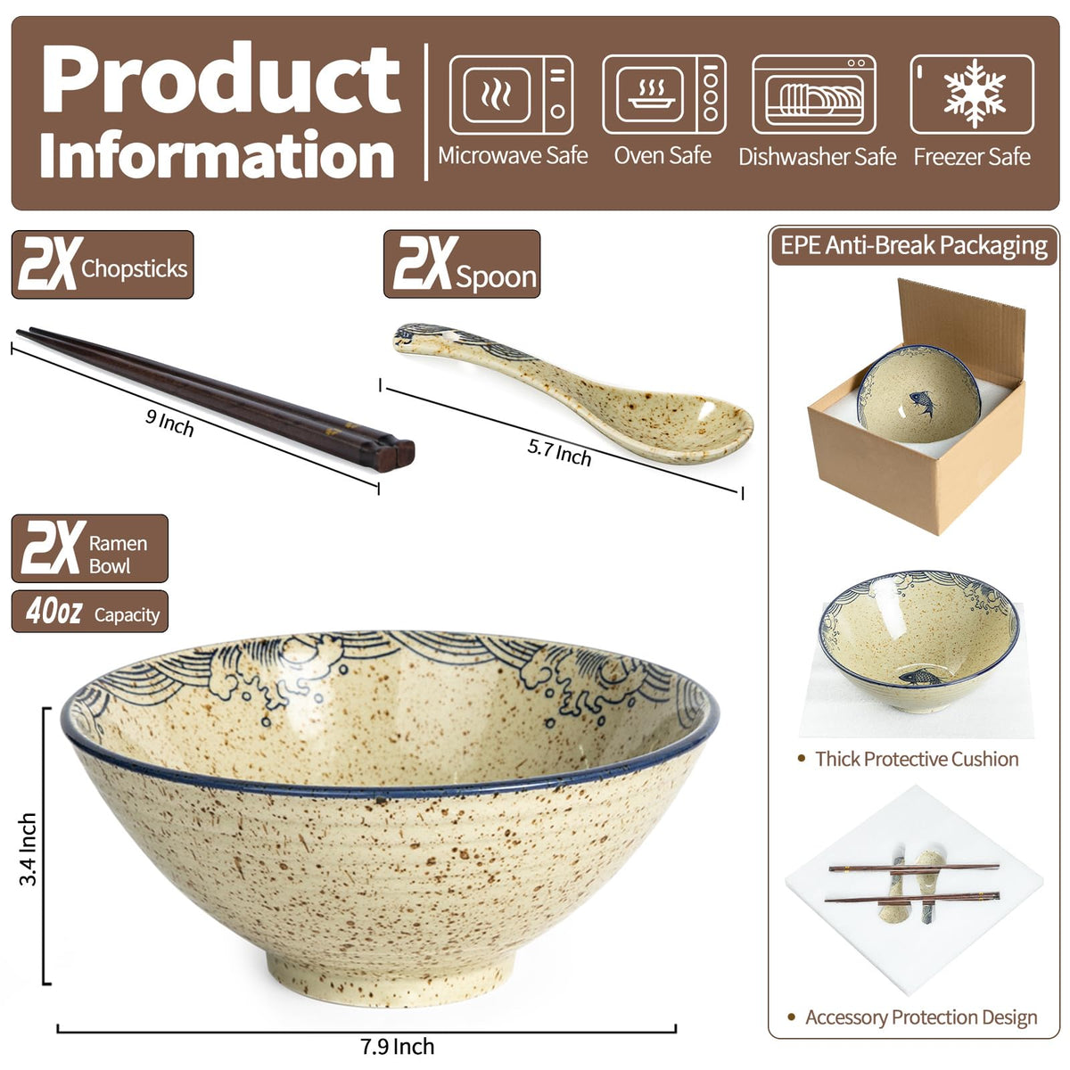 Niturceal ramen bowl set with spoons and chopsticks for authentic dining.