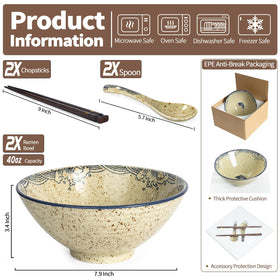 Niturceal ramen bowl set with spoons and chopsticks for authentic dining.