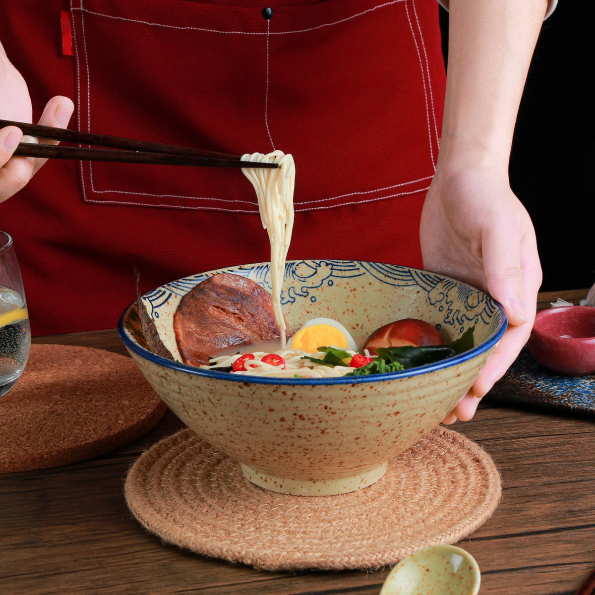 Stackable Niturceal ramen bowls save cabinet space.