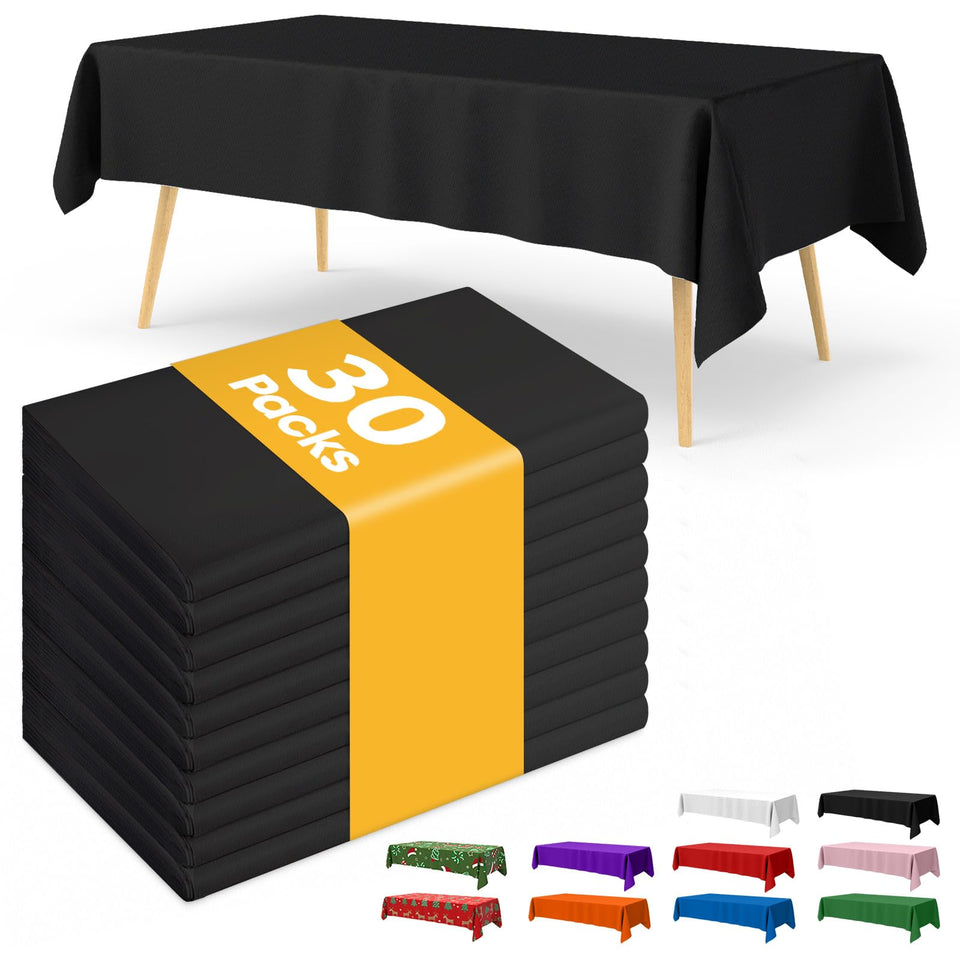 Niuara black disposable tablecloth drapes over a 54×108 table, creating spill protection.