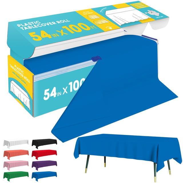 Niuara blue table cover roll with built-in slide cutter for precise cuts.