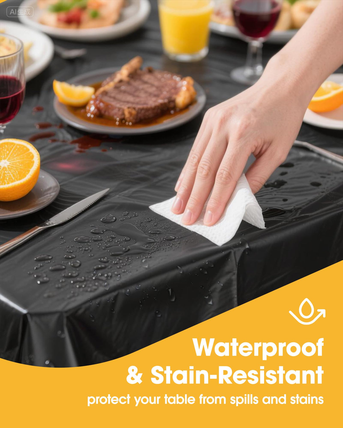 Niuara disposable tablecloth in black, rectangle format ready for quick setup.