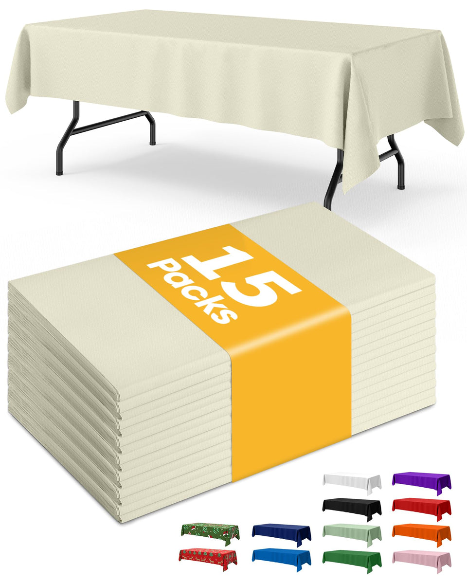 Niuara Ivory plastic tablecloth on 54x108 rectangle table for spill protection on 6ft tables