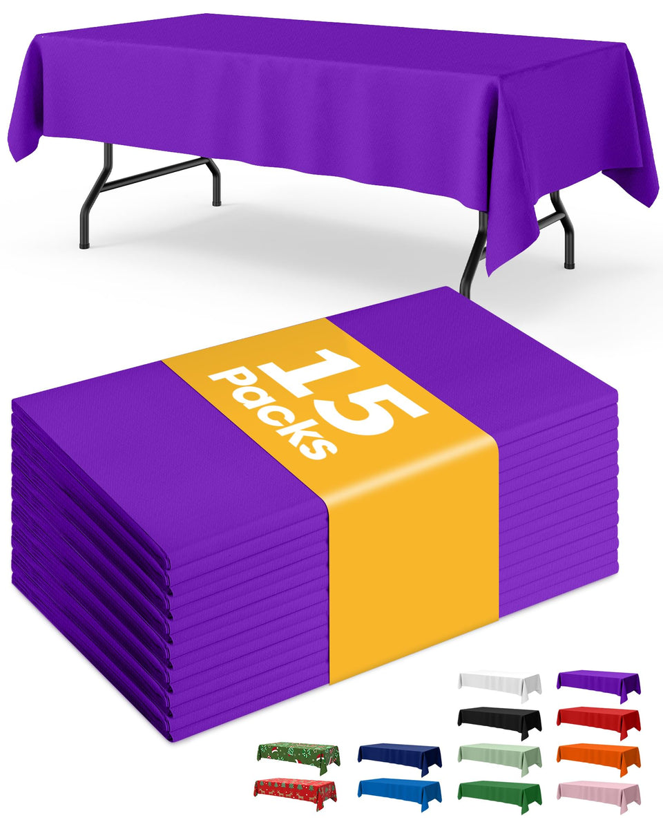 Niuara purple plastic rectangle tablecloth 54x108 on a 6ft table for events.