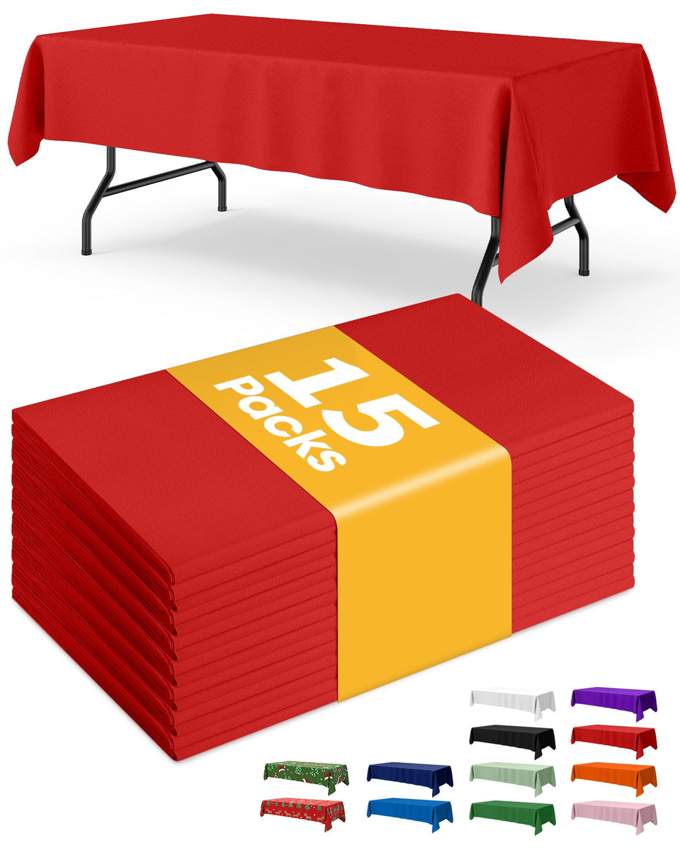 Niuara red plastic rectangle tablecloth on a 54x108 table for a festive setup