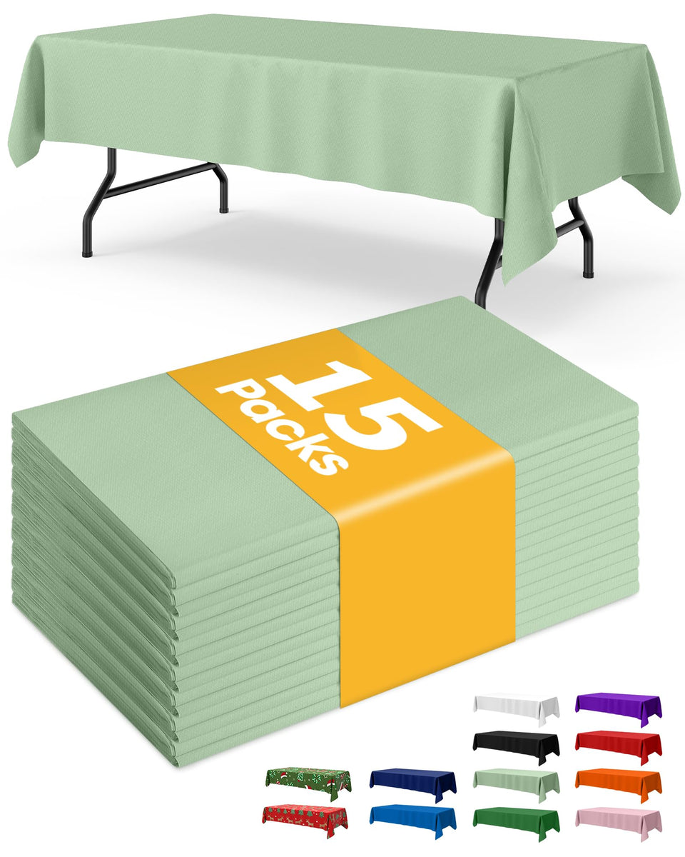 Niuara Sage Green plastic table cloth on a rectangular 6ft table, disposable protection for gatherings.