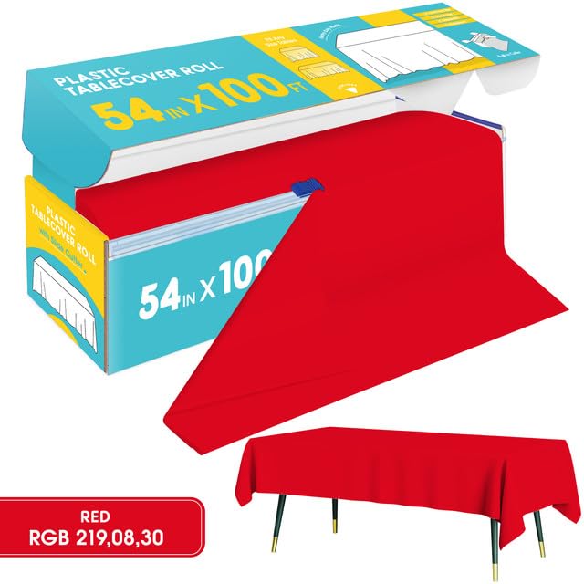 Niuara red plastic tablecloth shown with slide cutter feature