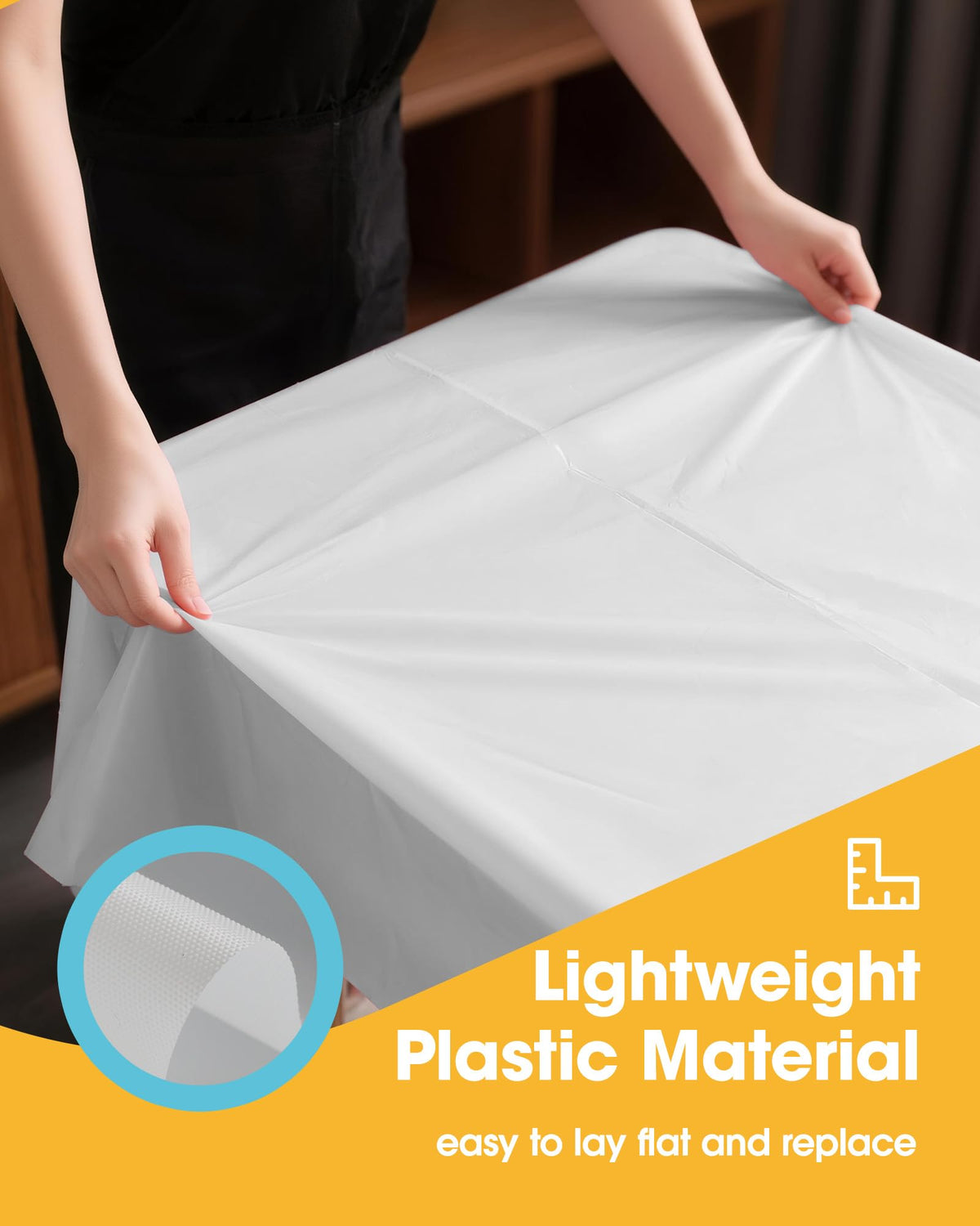 Niuara White Plastic Tablecloth closeup highlights thick PEVA material for durability