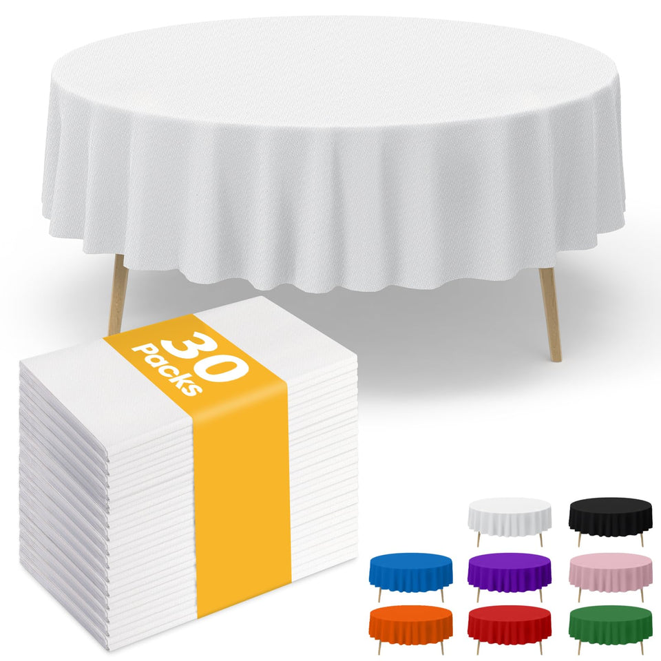 Niuara white round tablecloth, 84-inch, 30-pack, ideal for festive table settings.