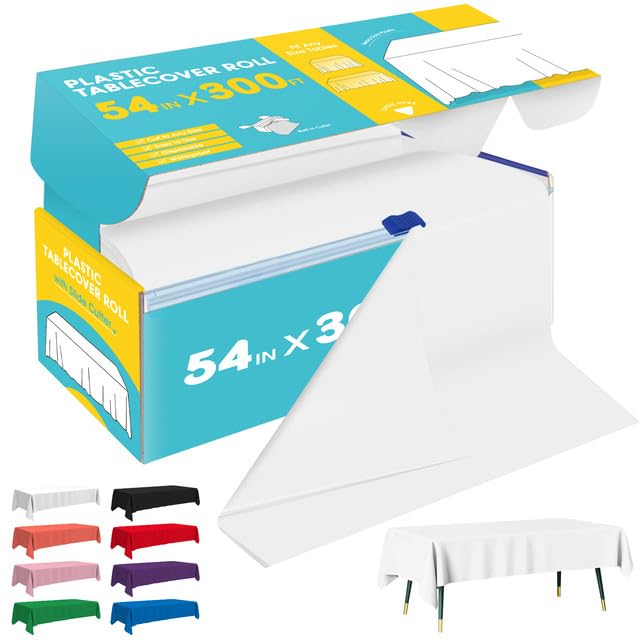 Niuara white table cover roll, 54in x 300ft, for quick, precise fit.