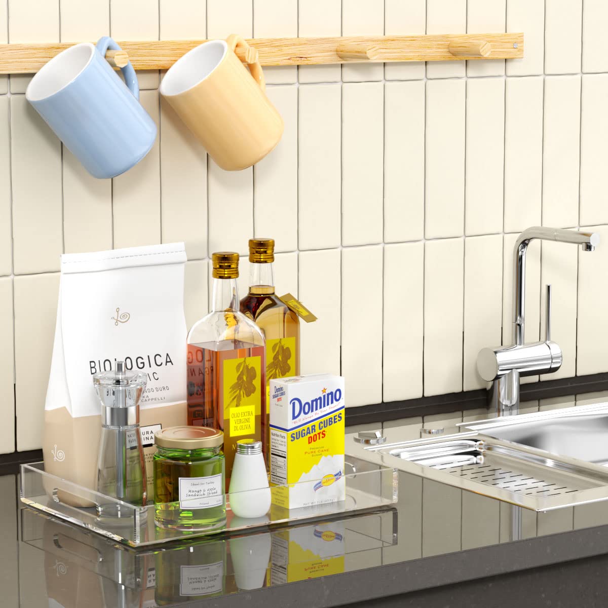 NIUBEE clear tray positioned under an espresso machine for tidy surfaces.