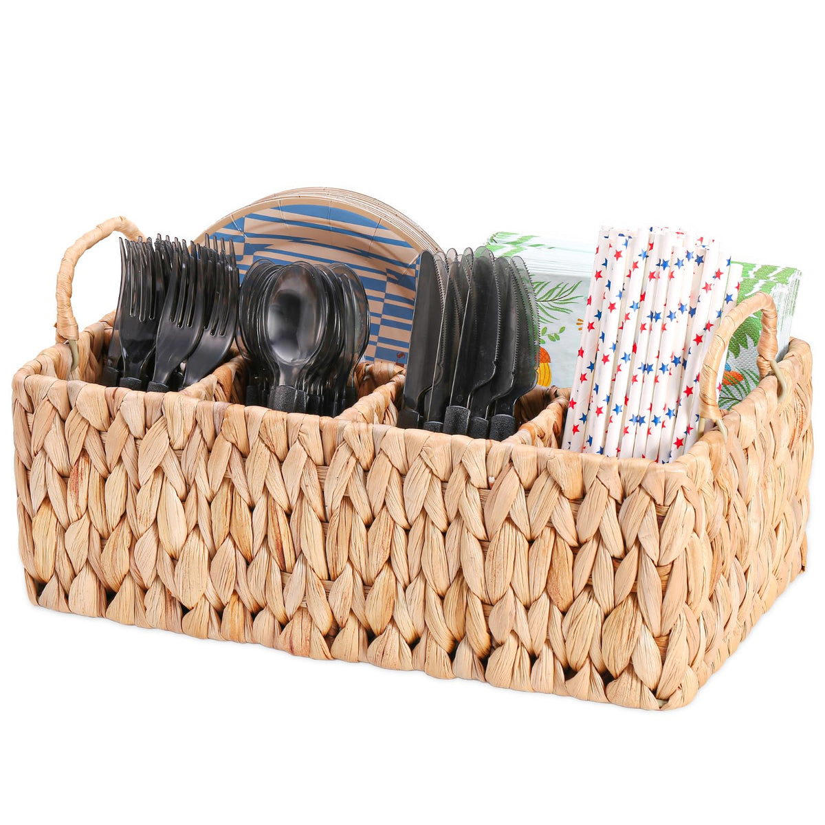 Niuirt wicker party caddy with water hyacinth texture for stylish, organized table display.