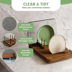 NIUM bamboo rack on the mat supports vertical dish placement.
