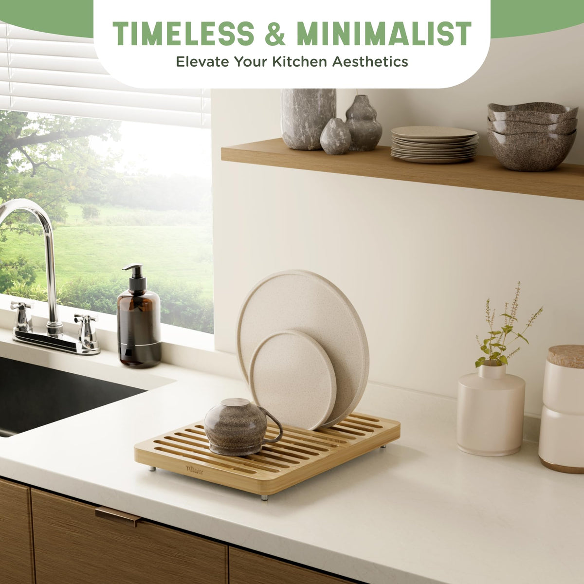 Nium drying mat full setup shows a compact, stylish kitchen drying solution.