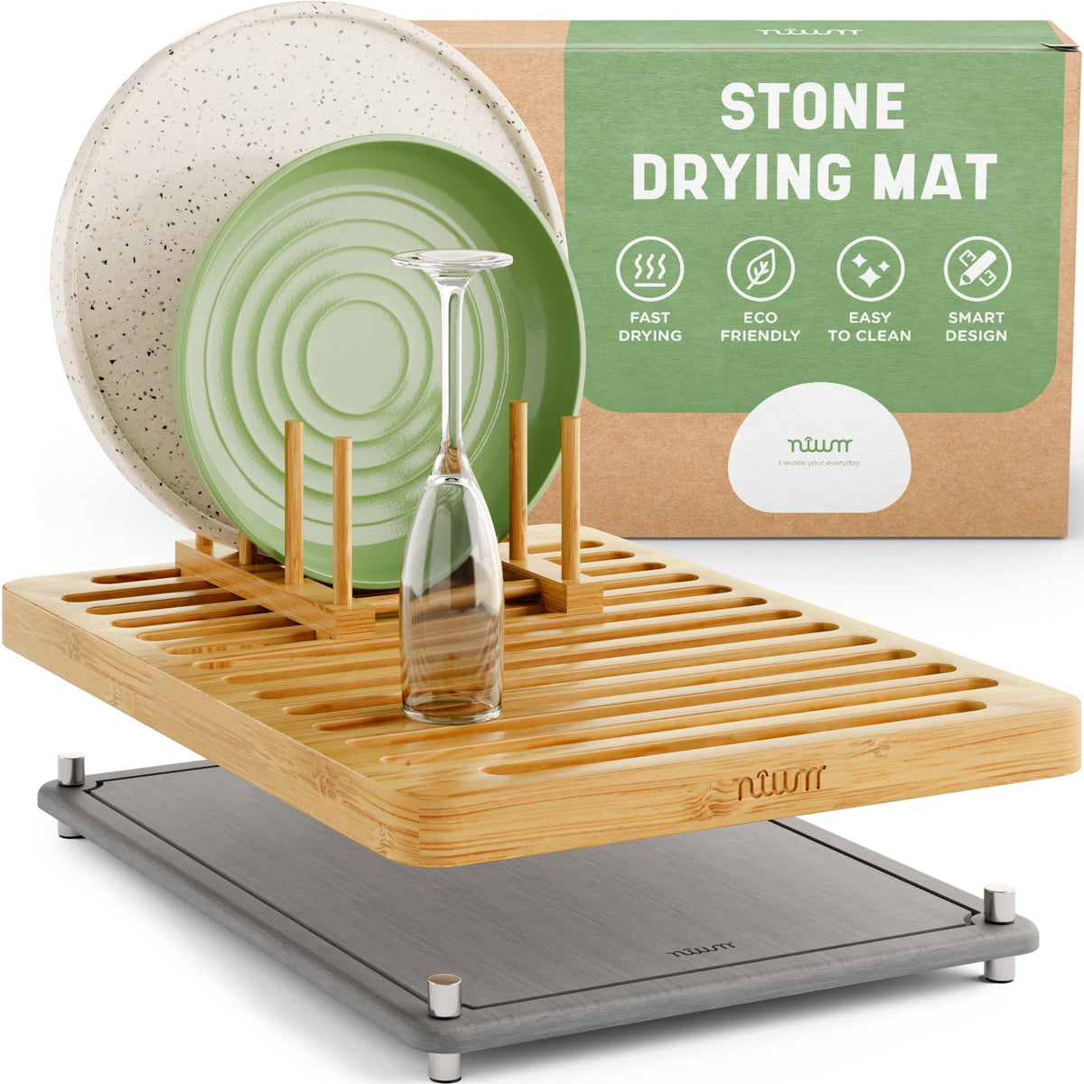 Nium stone drying mat on counter showing fast absorption and a tidy surface.