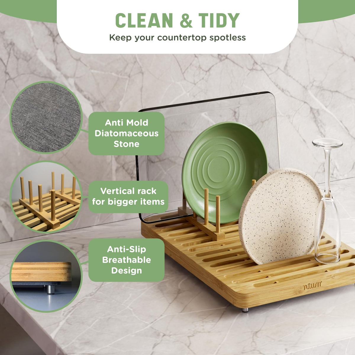 Nium stone drying mat with vertical rack design elevates dishes for efficient air flow.