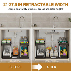 NIUXX under-sink storage with center tray helps maximize tall bottle space