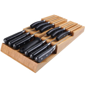 NIUXX bamboo in-drawer knife block with 12 slots for organized kitchen storage.
