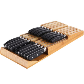 NIUXX bamboo in-drawer knife block with 16 slots for organized storage in a drawer