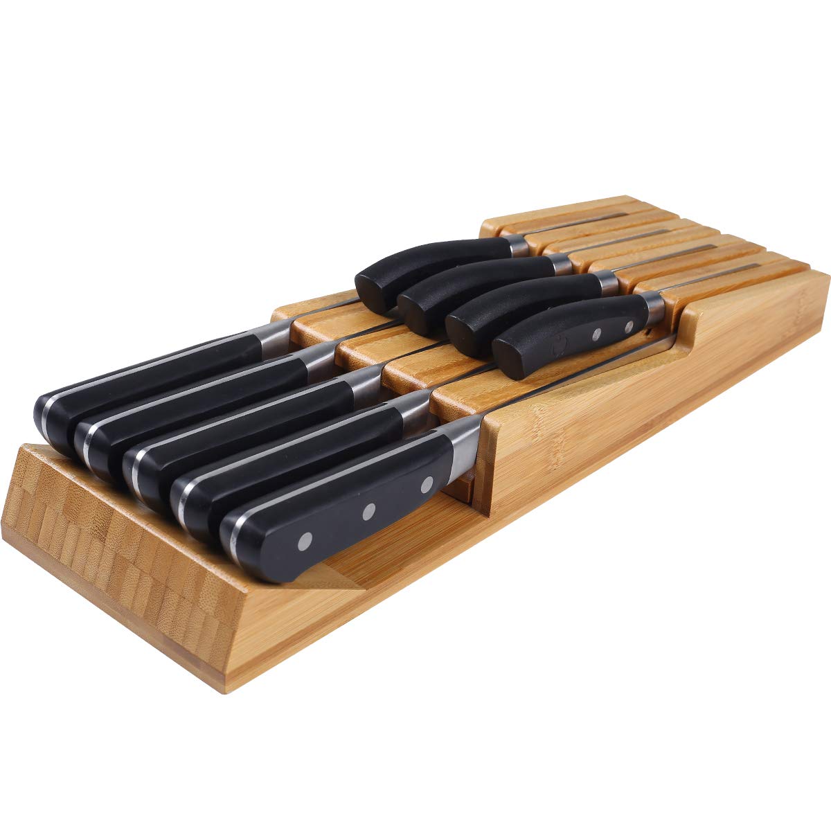NIUXX bamboo in-drawer knife block with 9 slots keeps blades organized and protected