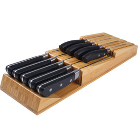 NIUXX bamboo in-drawer knife block with 9 slots keeps blades organized and protected