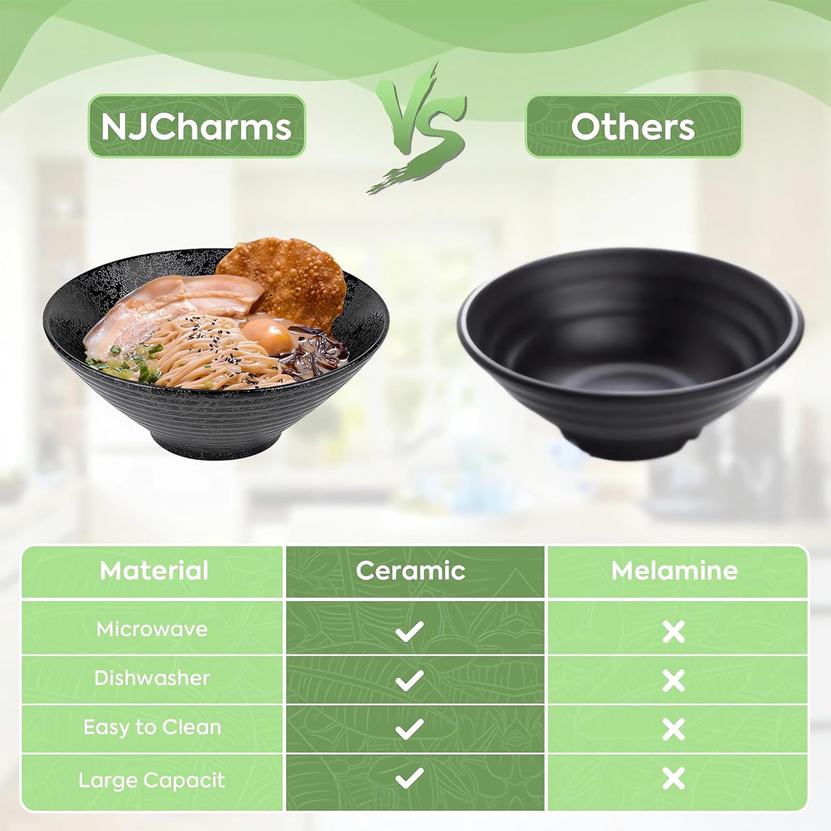 NJCHARMS dishwasher-safe ramen bowls with an easy-clean glaze.