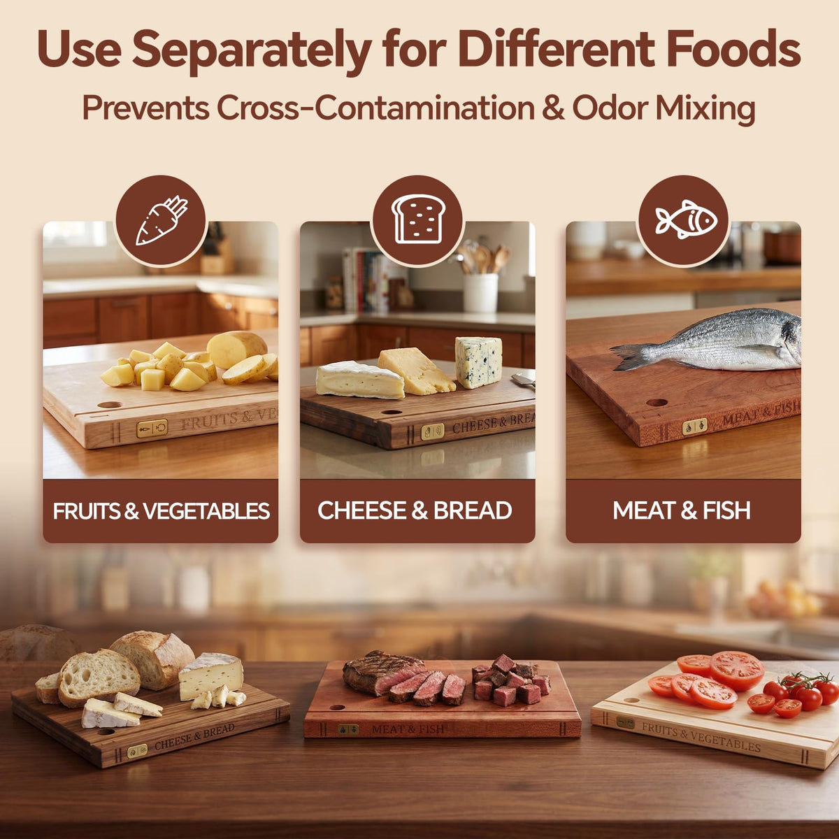 NKDFRI boards with brass indicators help you choose the right board for ingredients.
