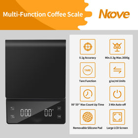 NKOVE tare function highlights container weight removal for accurate ingredient measurements.