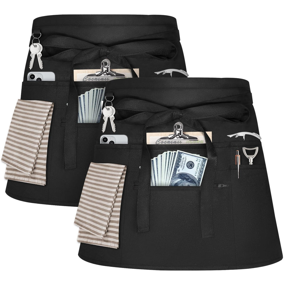 NLUS 2-pack server apron front view with 8 pockets keeps essentials organized