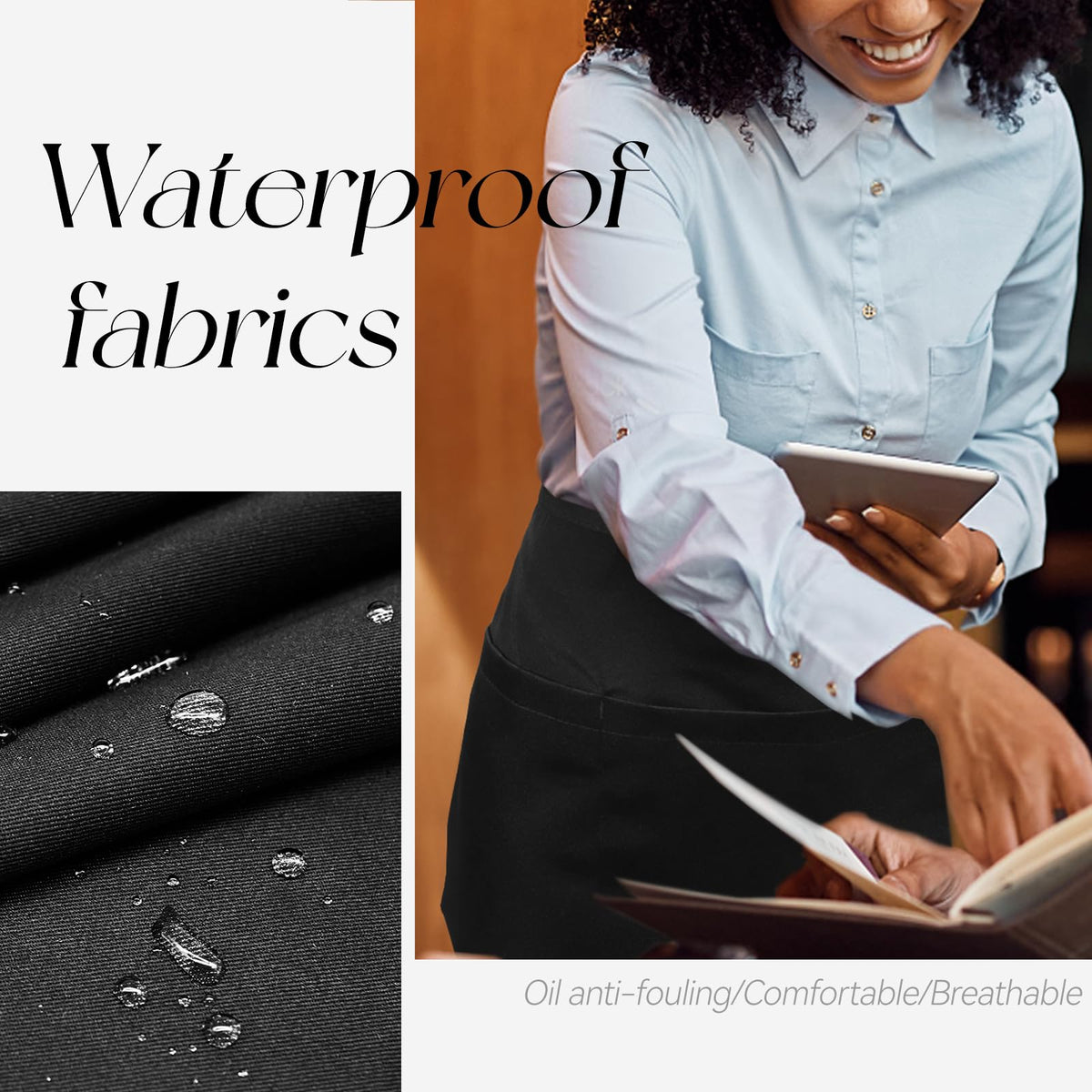 NLUS server apron in black offers professional, clean appearance.