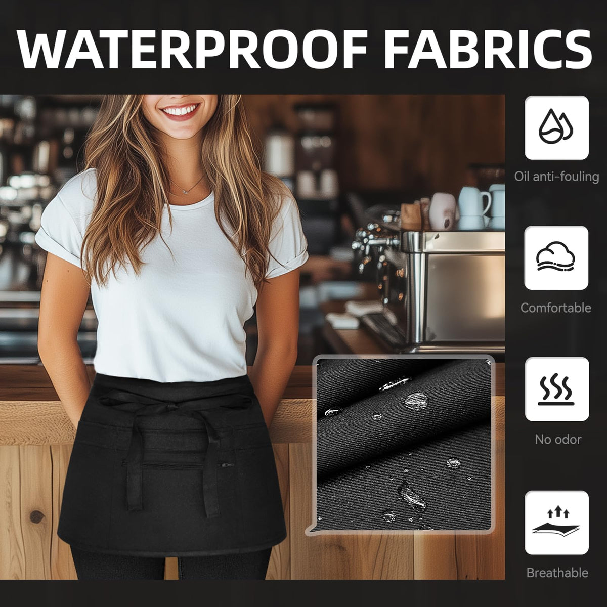 NLUS server apron water-resistant surface protects clothing from spills