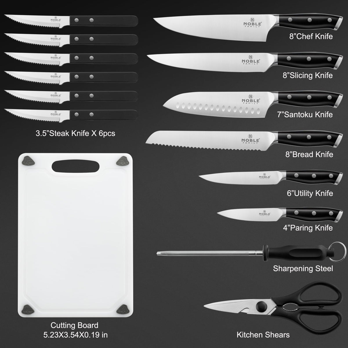 N NOBLE FAMILY 8in chef knife focused blade for versatile slicing.