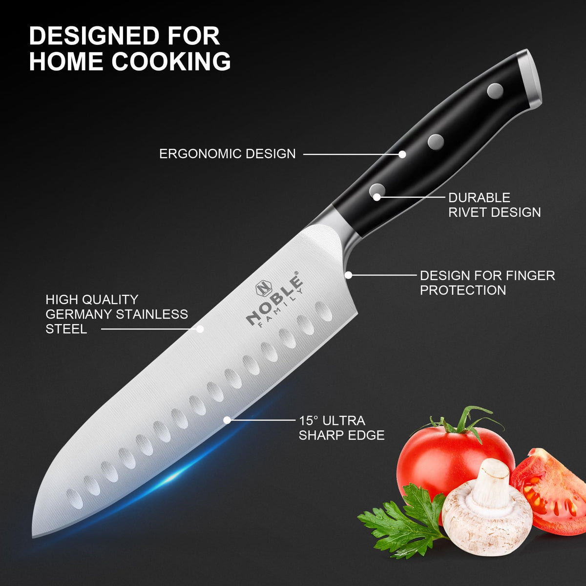 N NOBLE FAMILY 8in slicing knife designed for clean, precise cuts through large proteins.