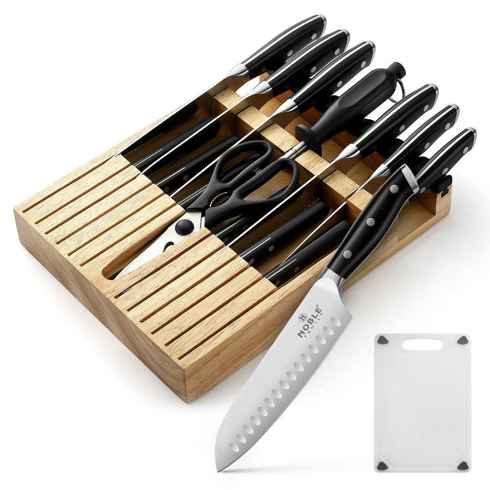 N NOBLE FAMILY knife-set block in-drawer keeps blades organized and within easy reach.