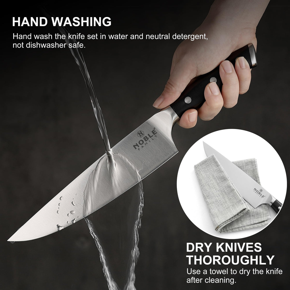 N NOBLE FAMILY included cutting board provides a ready prep surface.