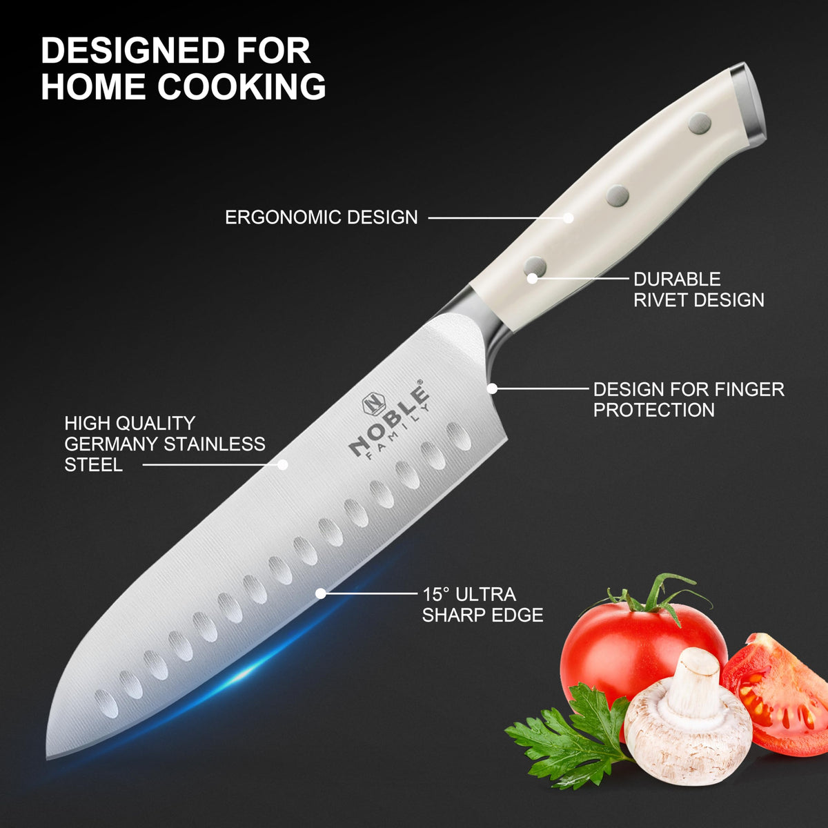 N NOBLE FAMILY ergonomic ABS handles give comfort and precise control during prep.