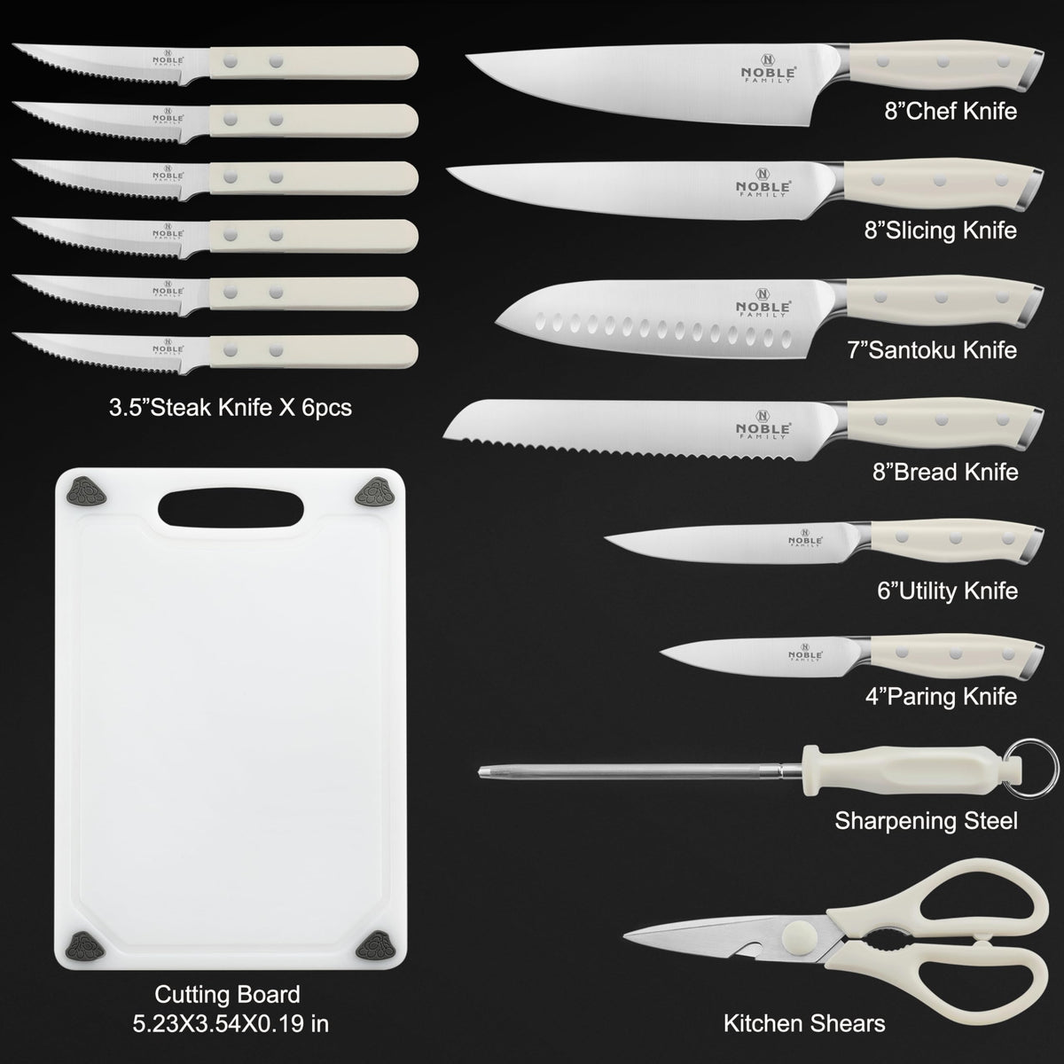 N NOBLE FAMILY high-carbon stainless blades stay sharp and durable over time.