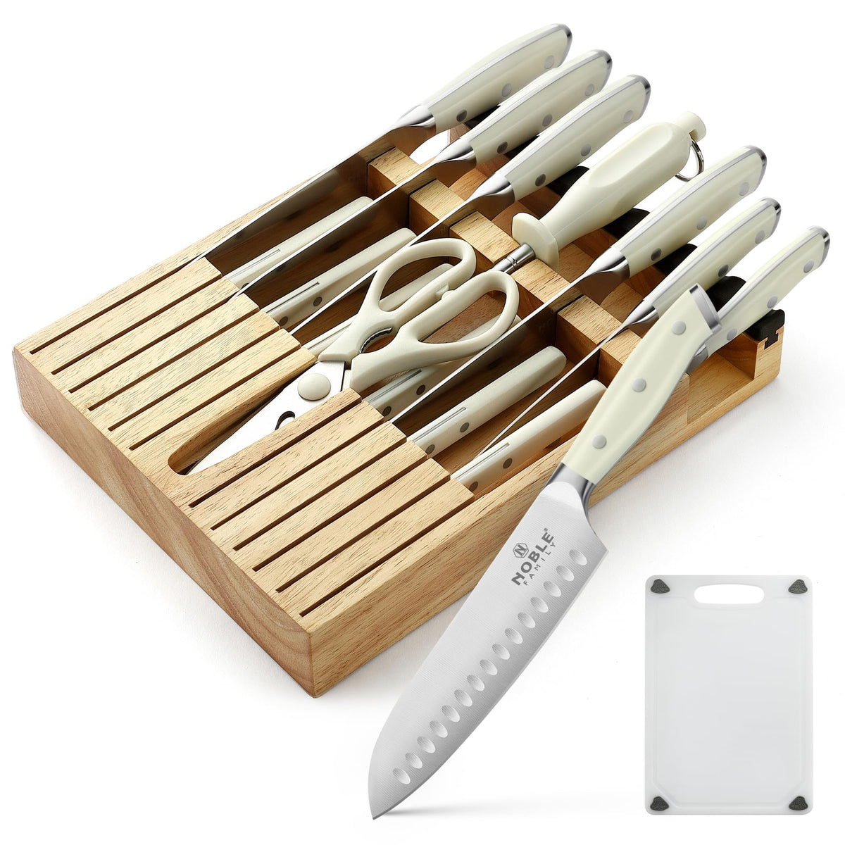 N NOBLE FAMILY knife block in-drawer keeps blades organized and accessible.