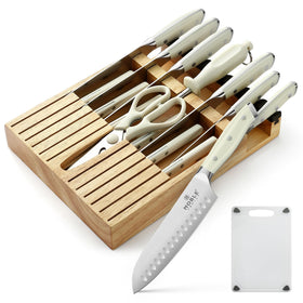 N NOBLE FAMILY knife block in-drawer keeps blades organized and accessible.