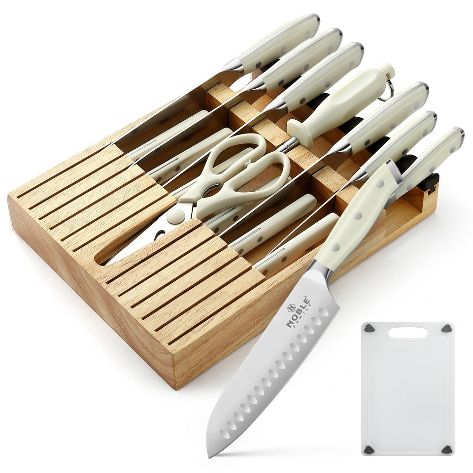 N NOBLE FAMILY knife block in-drawer keeps blades organized and accessible.