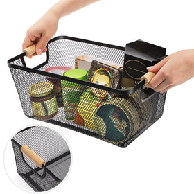 Noamus large basket with wooden handle ideal for bulk produce or canned goods.