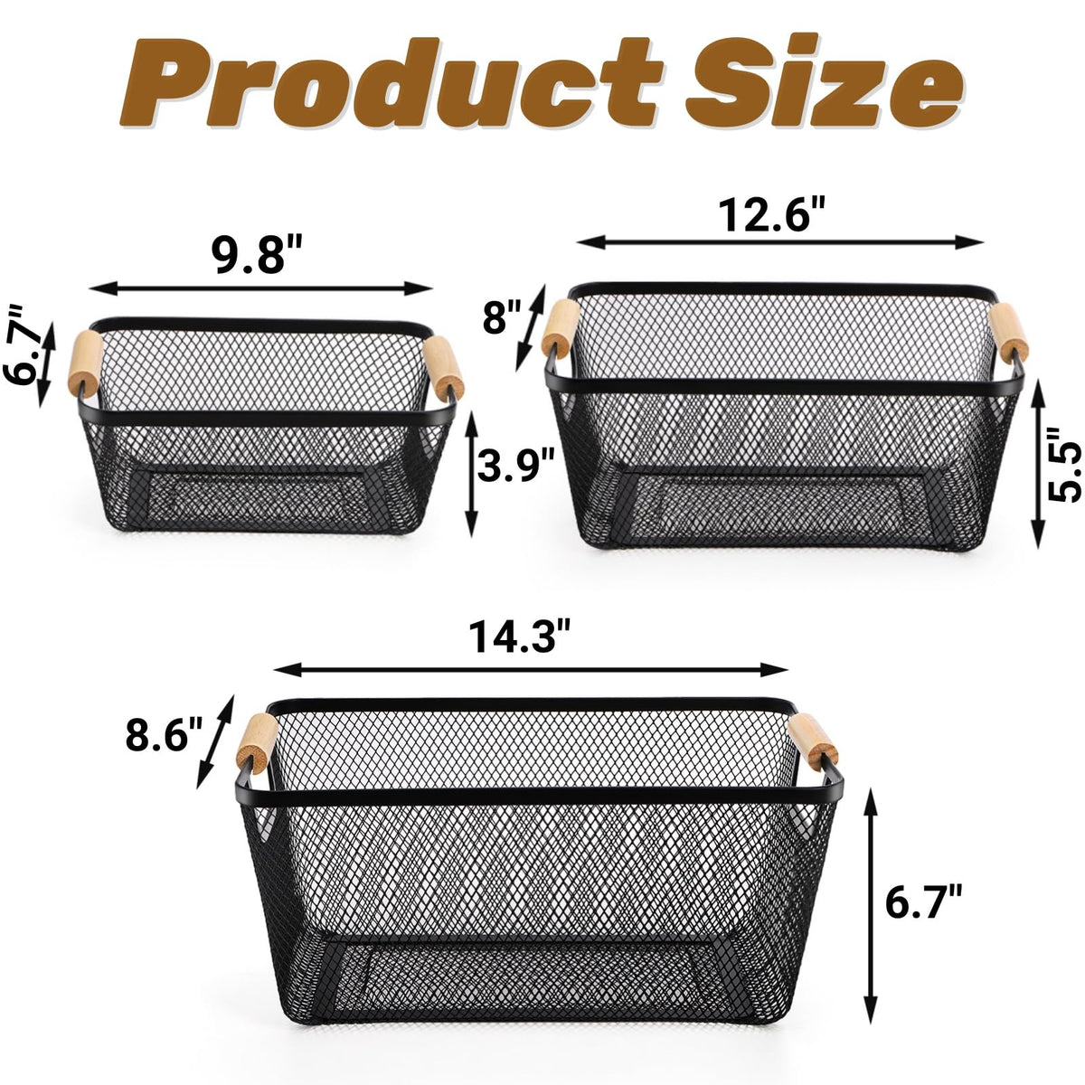 Noamus 3-pack medium basket with wooden handle supports easy pantry sorting.