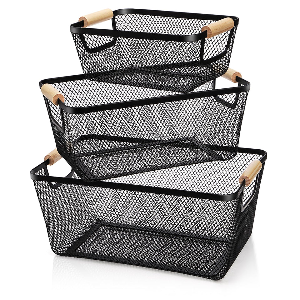 Noamus 3-pack small basket with wooden handle for compact fruit and snack organization.