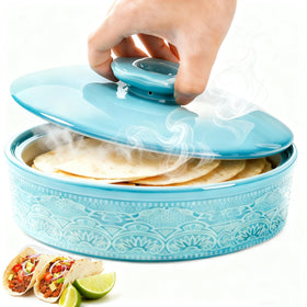 Noamus ceramic tortilla warmer with lid keeps tortillas warm for serving.