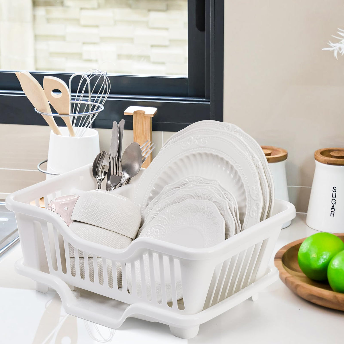 Noamus dish drying rack holds pots, plates, bowls, and cups with ample capacity.
