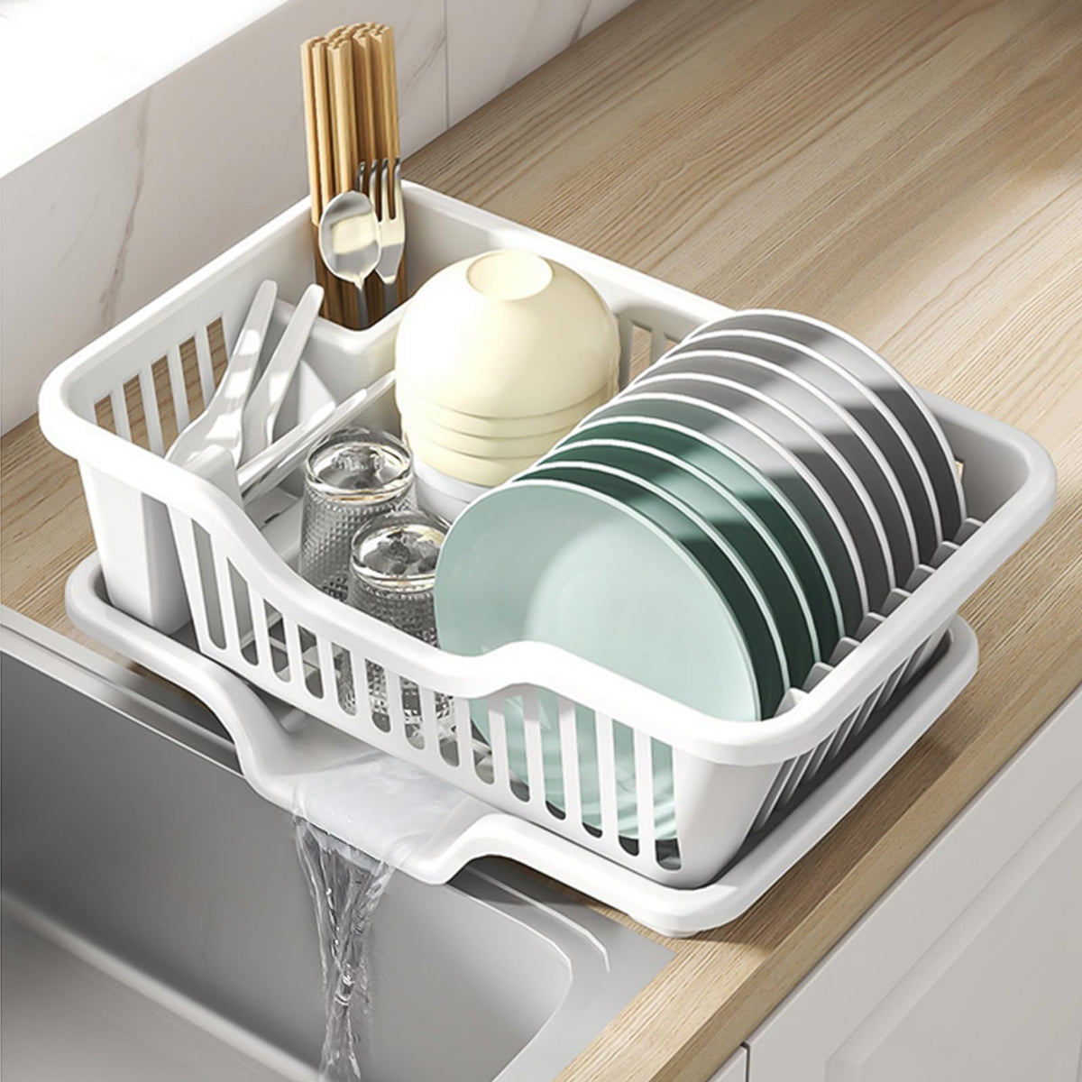 Noamus dish drying rack top over sink keeps counter space clear and dries quickly.