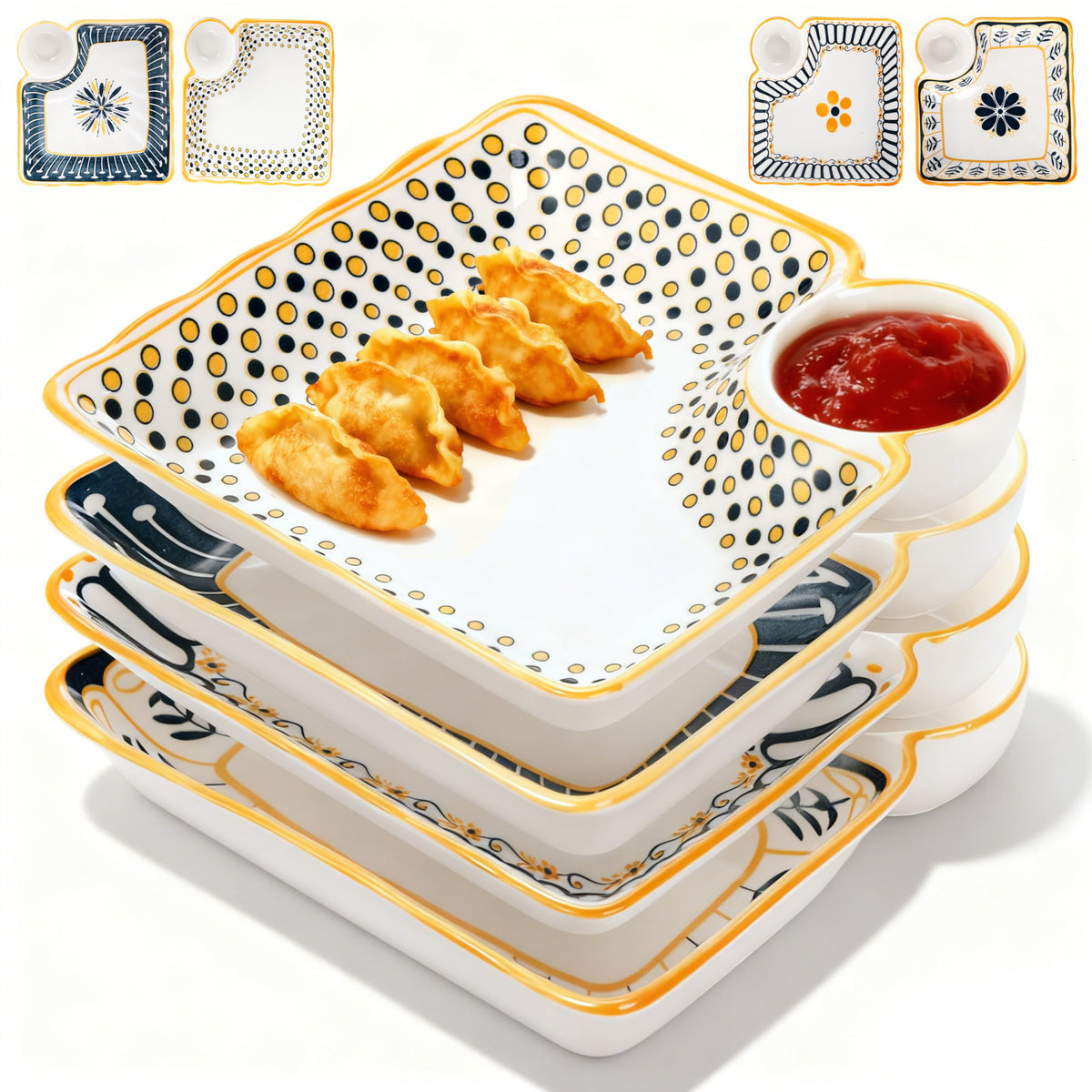 Noamus dumpling plate 4-pack with attached dipping saucers for easy serving