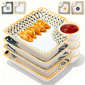 Noamus dumpling plate 4-pack with attached dipping saucers for easy serving